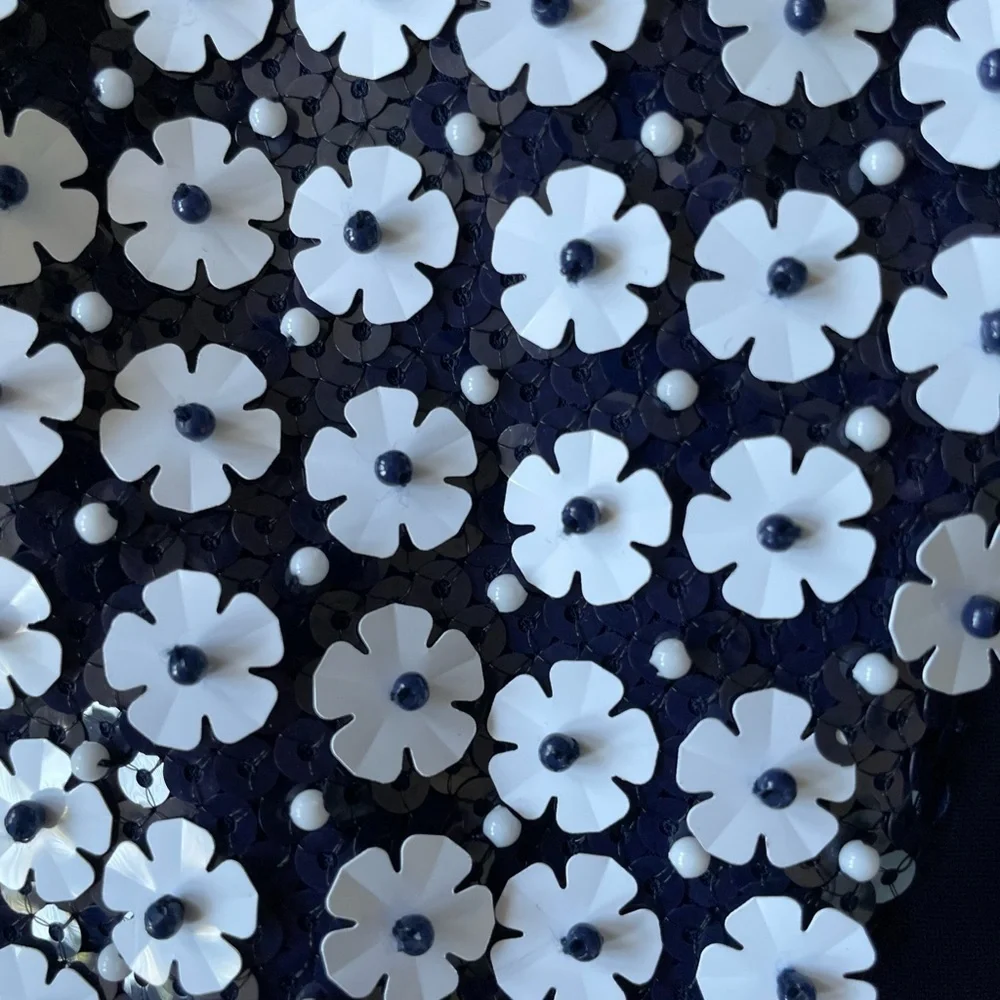 Michael Kors Floral Appliqué Collared Shift Dress Navy Blue and White Size 8